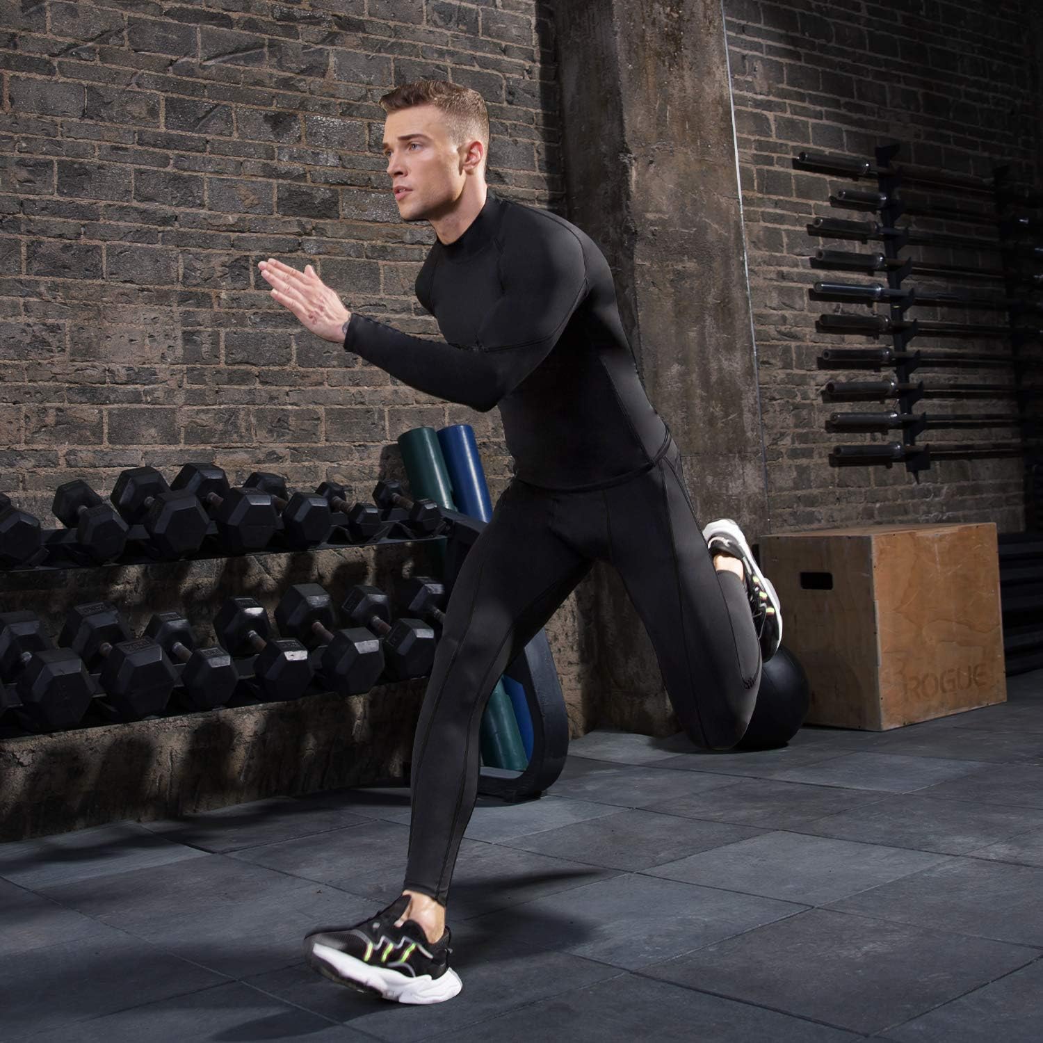 Yuerlian Top a compressione da uomo a maniche lunghe da corsa e palestra, ad asciugatura rapida, per sport, primo strato, allenamento, fitness, top a collo alto