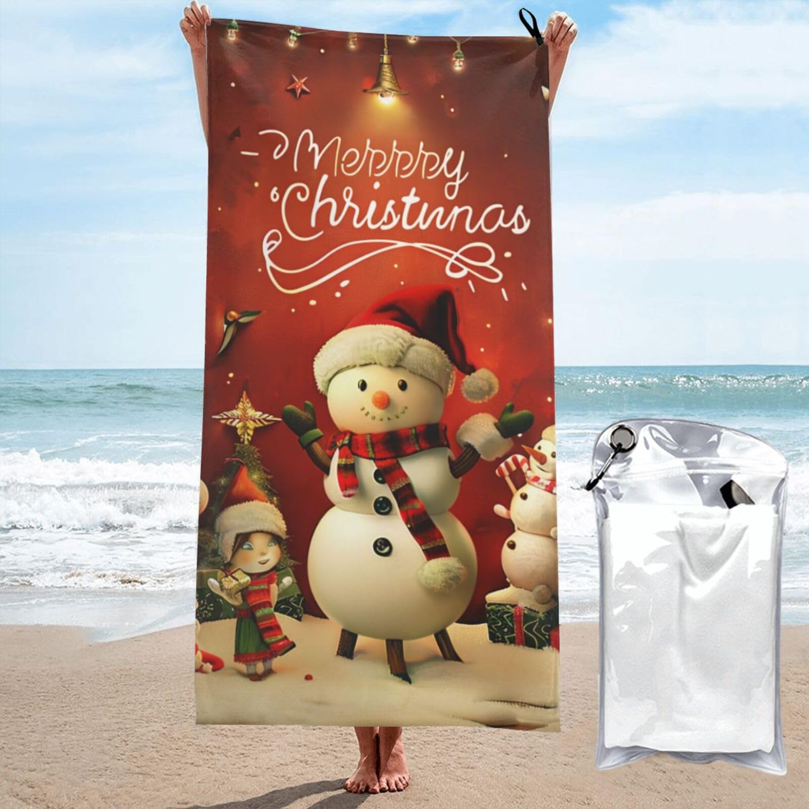 kkvhhyuo Microfiber Beach Towel, Merry Christmas Printed Lightweight Quick Dry Travel Bath Sheet with Compact Carry Bag for Swimming Yoga Camping Gym,31.5"x63"