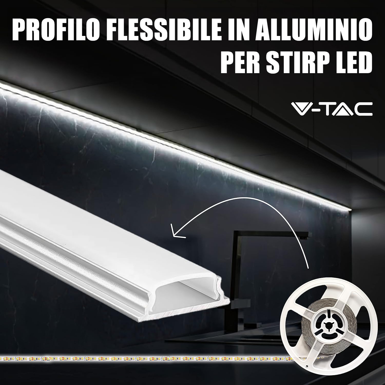 V-TAC 5x Profili per Strisce Led Flessibili da 2 METRI - (10 Metri Totali) - Profilo Pieghevole Parete e Soffitto per Striscia LED in Alluminio con Copertura Satinata - Colore Argento - 18 x 6 mm