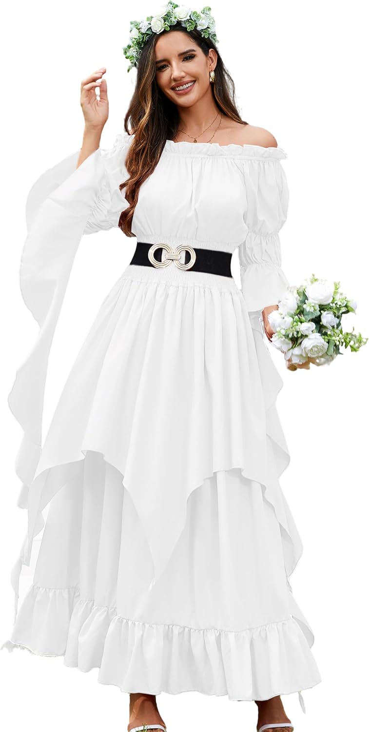 Renaissance Dress Women Victorian Medieval Gothic Witch Fairy Wedding Beige Off Shoulder Puff Sleeve Ruffle Dresses