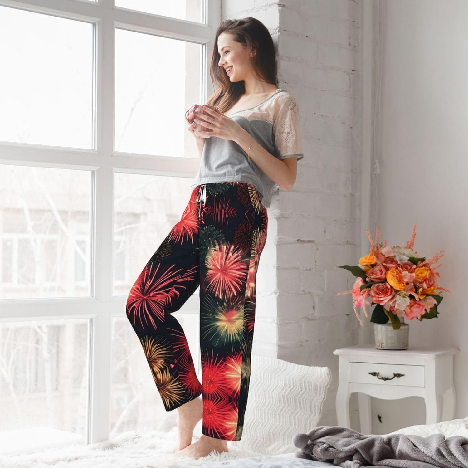 Beautiful Fireworks Print Cozy Christmas Pajama Pants,Flannel Pajama Bottoms,Cater To Various Body Types