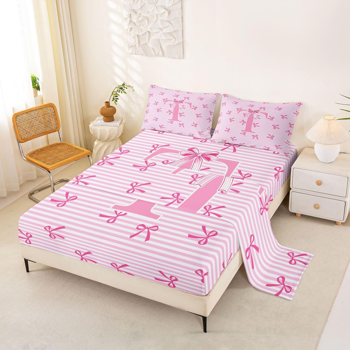 Homewish Monogram litera T zestaw pościeli podwójna urocza różowa kokarda prześcieradła kawaii kokardka w paski pościel - marzycielska księżniczka kokardki zestaw pościeli 4 sztuki