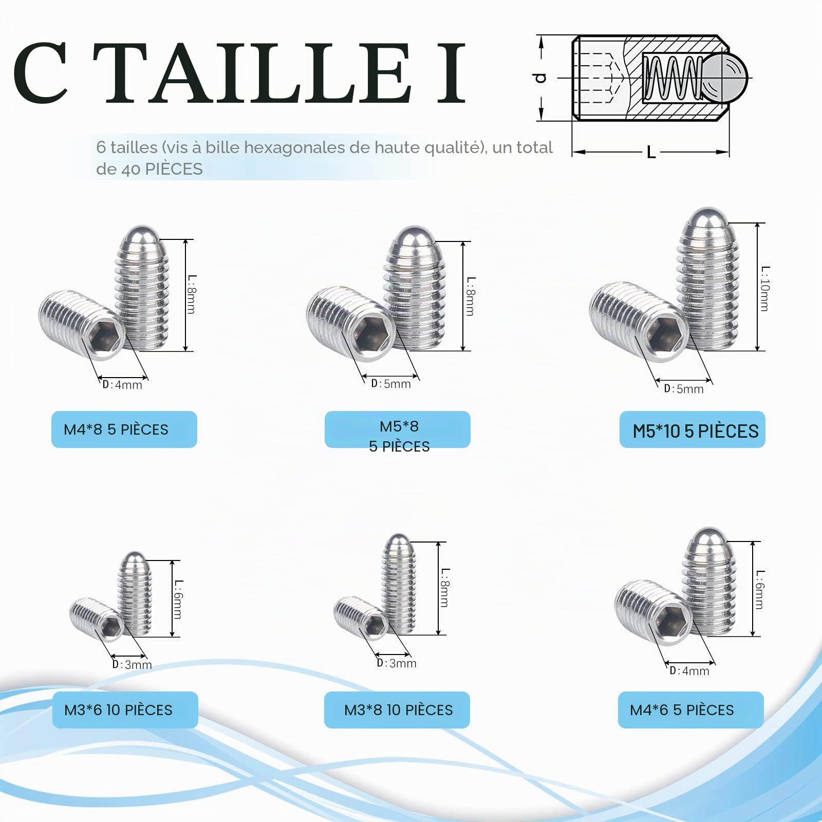 xianzhanEU 40 PCS Plongeur à Bille Vis Sans Tete,M3 M4 M5 Vis de Plongeur à Bille à Ressort,304 Vis Inox pour Appareils Mécaniques,6 Tailles