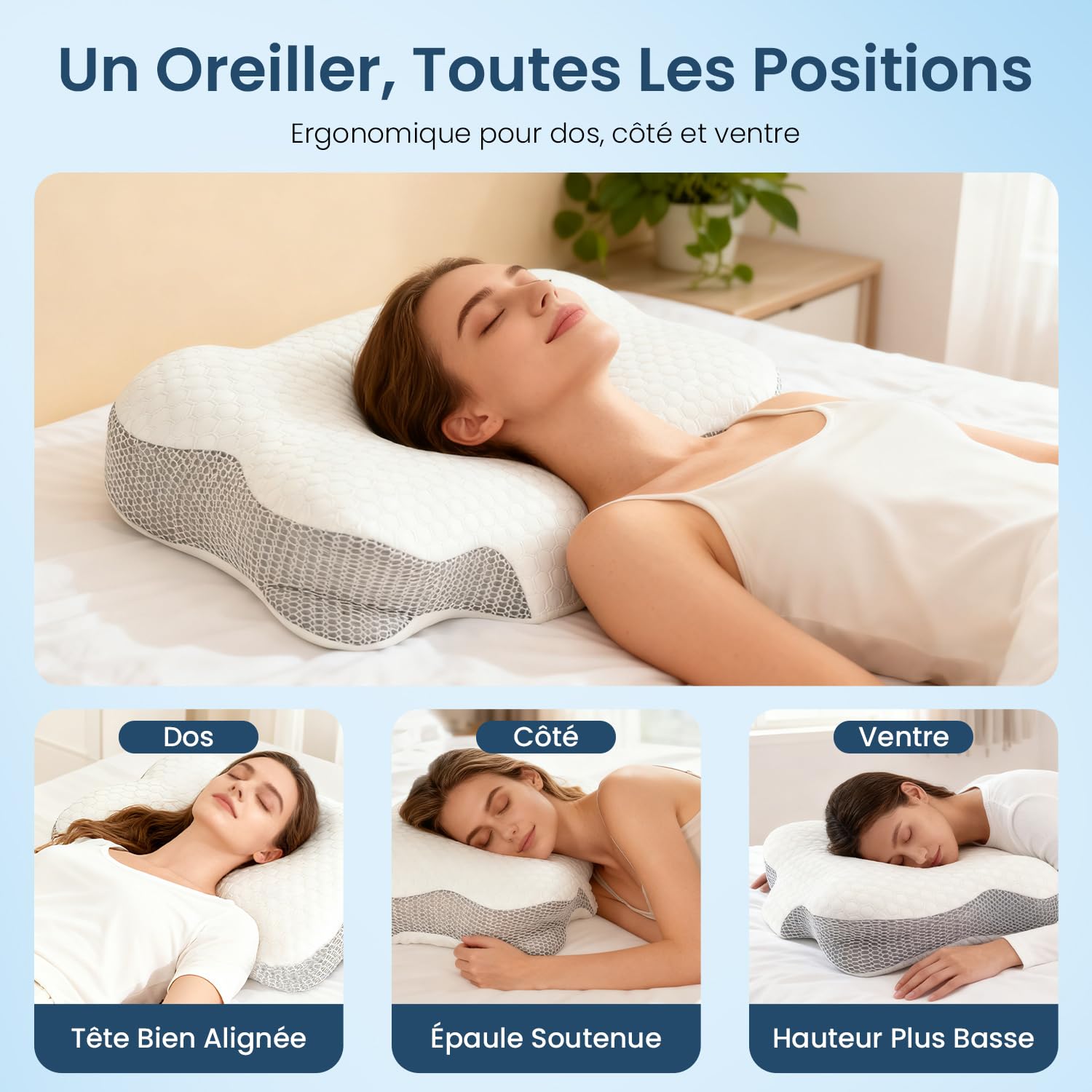 Oreiller Ergonomique Cervical pour Dormir - Oreiller Orthopédique en Mémoire de Forme, Soutien de la Nuque Latéral et Dorsal, Housse Déhoussable et Lavable, 58×40×10/13 cm
