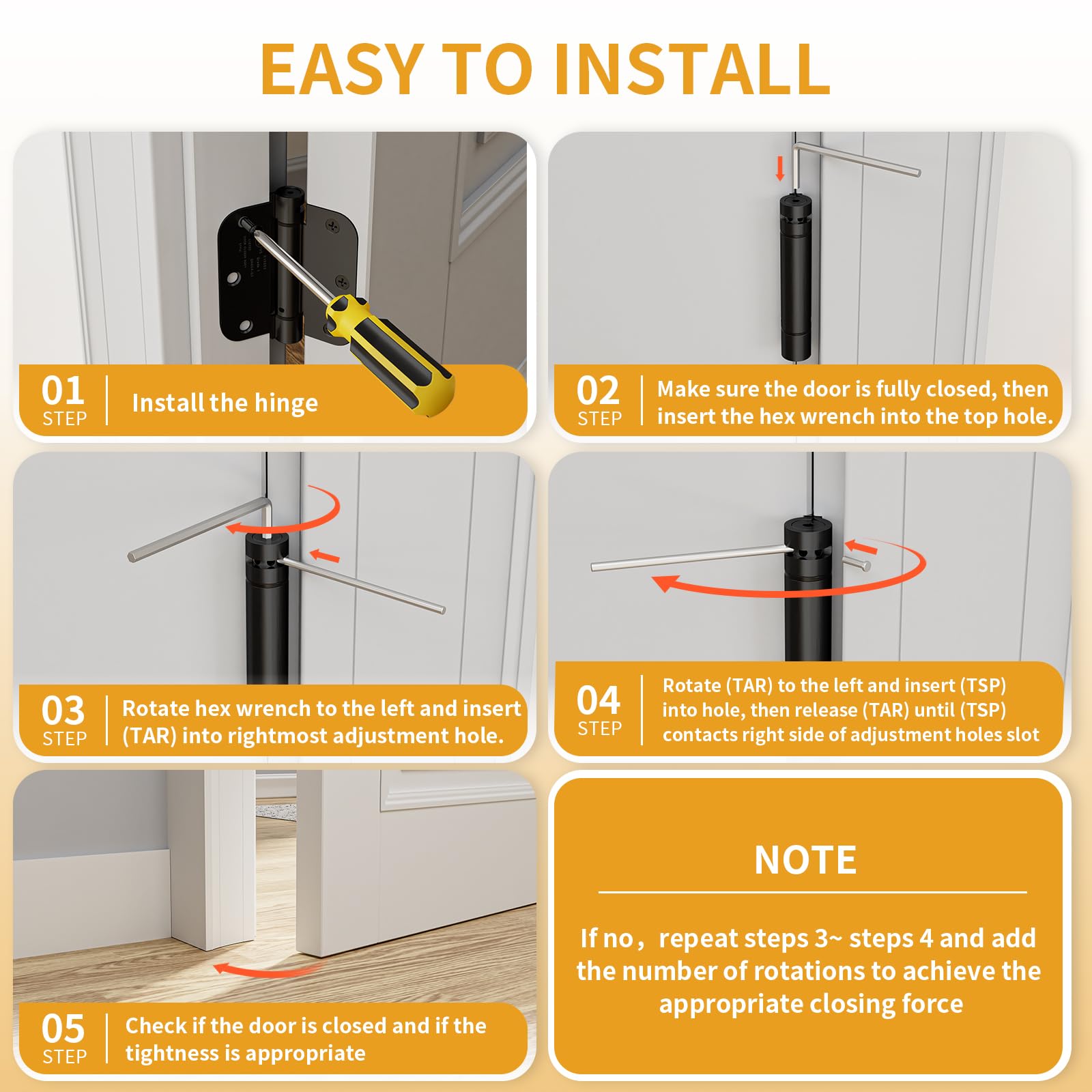 Paquete de 3 bisagras de puerta de cierre automático de 3.5 pulgadas, bisagras con resorte negro mate con esquinas de radio de 5/8 pulgadas, tensión ajustable para garaje, puerta delantera, puerta