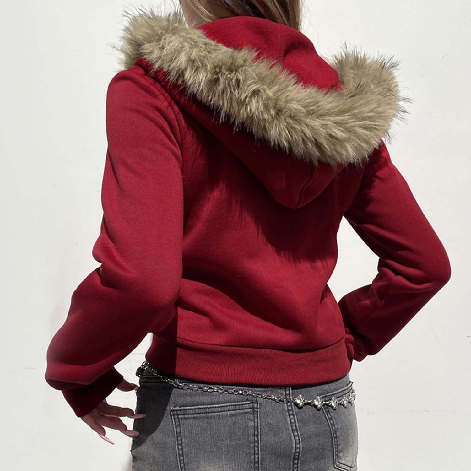 Hesaco Y2k Zip Up Hoodie Fur Hooded Jacket Graphic Hoodie Grunge