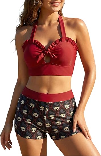 DRESSFO Skull Crow Tankini Swimsuit Ruffles Halter Backless Boyshort 2 Piece Bathing Suit