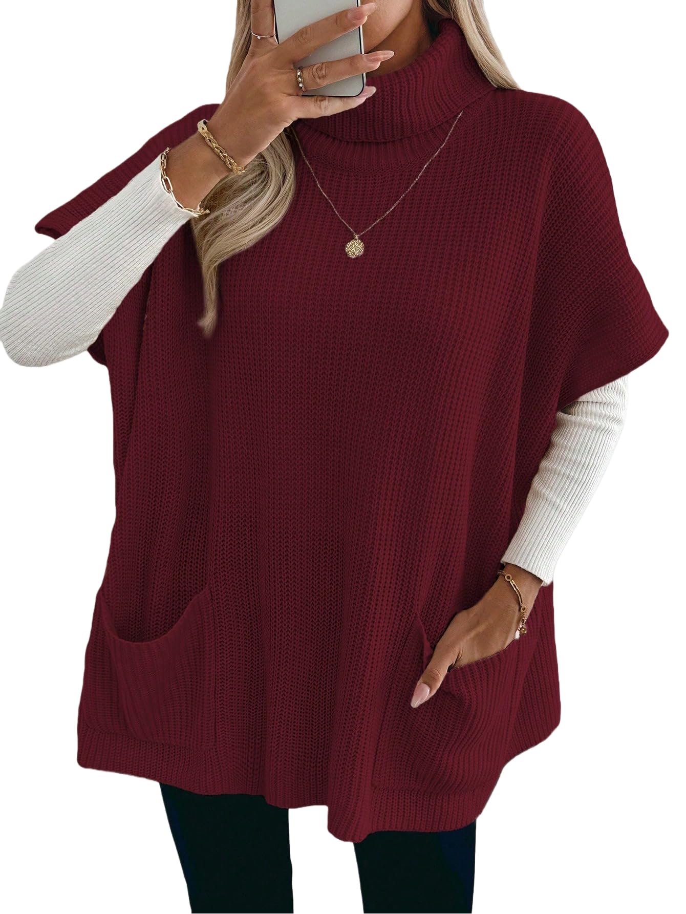 SISKIN Sweater Vest Women 2025 Turtleneck Oversized Loose Short Sleeve Apricot Knit Casual Sweater with Pockets