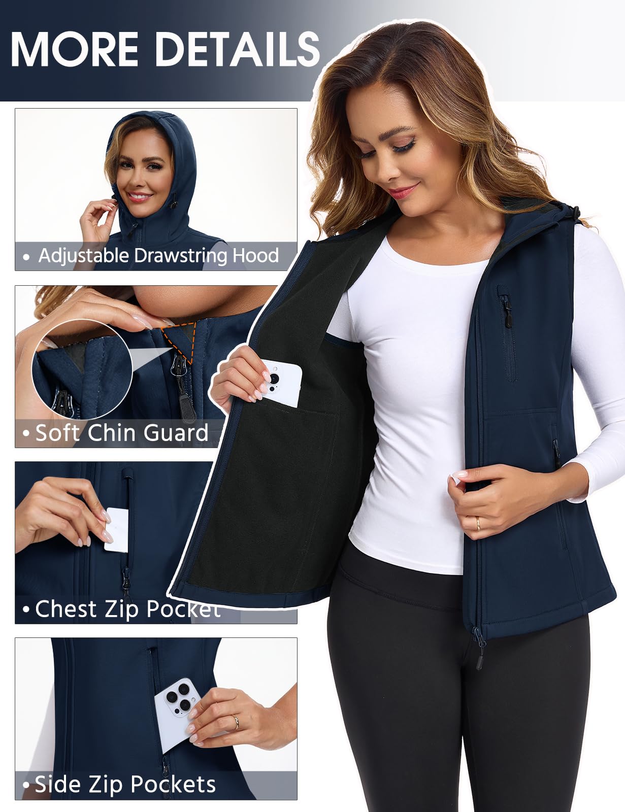 CMTOP Gilet Donna Softshell Impermeabile con Cappuccio, Fodera Leggera in Pile Smanicato Gilet, Antivento Sportivo Giacca Senza Maniche con Tasca per Primaverile Autunno Invernale