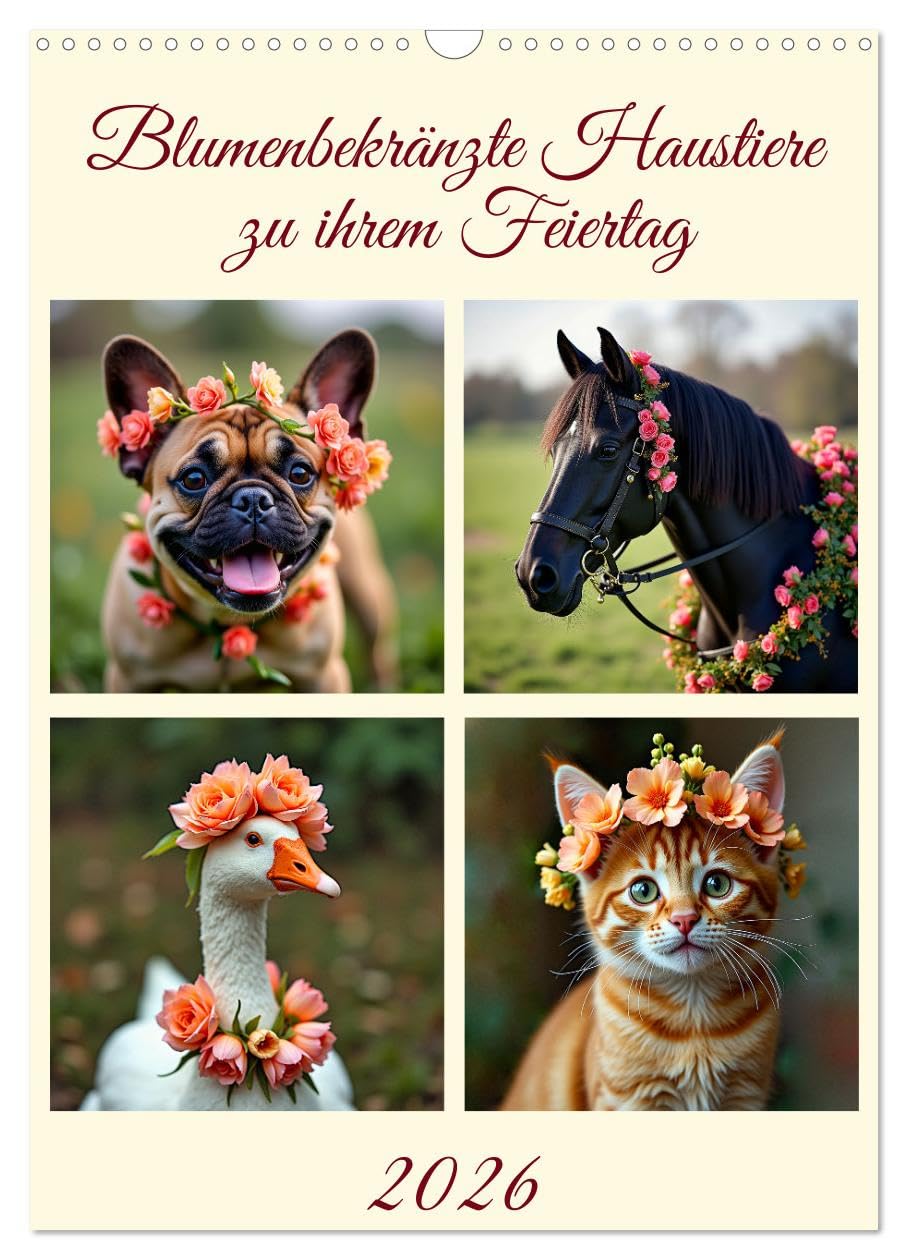 Pets decorated with flowers for their holiday UK-Version (Wall Calendar 2026 DIN A3 Portrait), CALVENDO 12 Month Wall Calendar — image 1