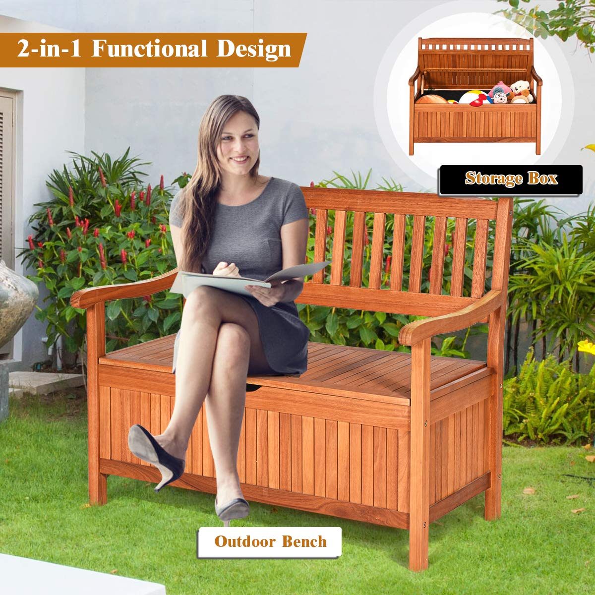 Buy Tangkula Wooden Outdoor Storage Bench Large Deck Box, Entryway