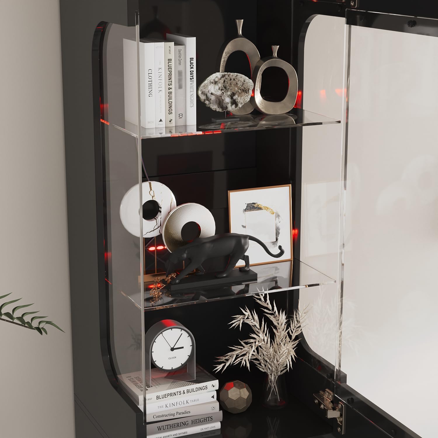 Hitow Glass Display Cabinet with 3 Color Lights for Collectibles, High Gloss Curio Cabinets with Glass Door & Adjustable Shelf, 15.7" W Slim Bookcases for Small Spaces, Living Room, Black