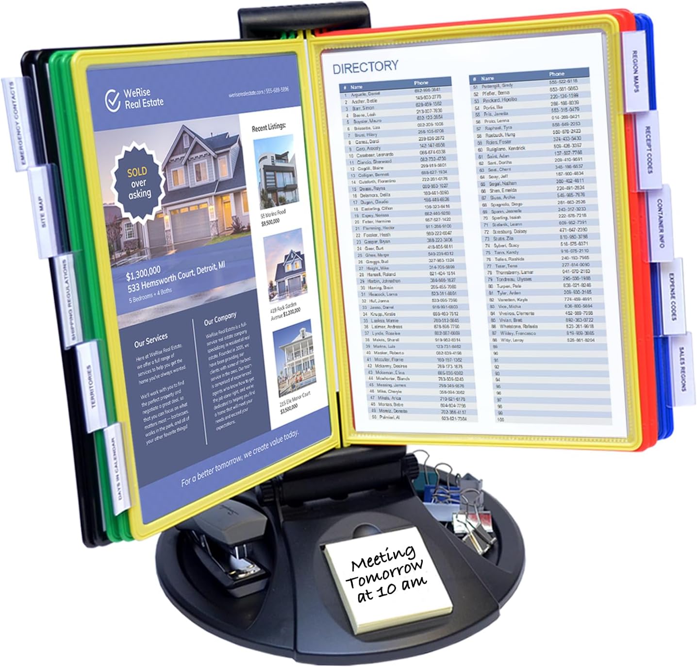 Ultimate Office AdjustaView 10-Pocket Desk Reference Organizer with Supplies Storage Base and EZ-LOAD Pockets to Hold 20 Sheets of Paper, Includes Fast Find Indexing Tabs, Black Base w/Colored Pockets