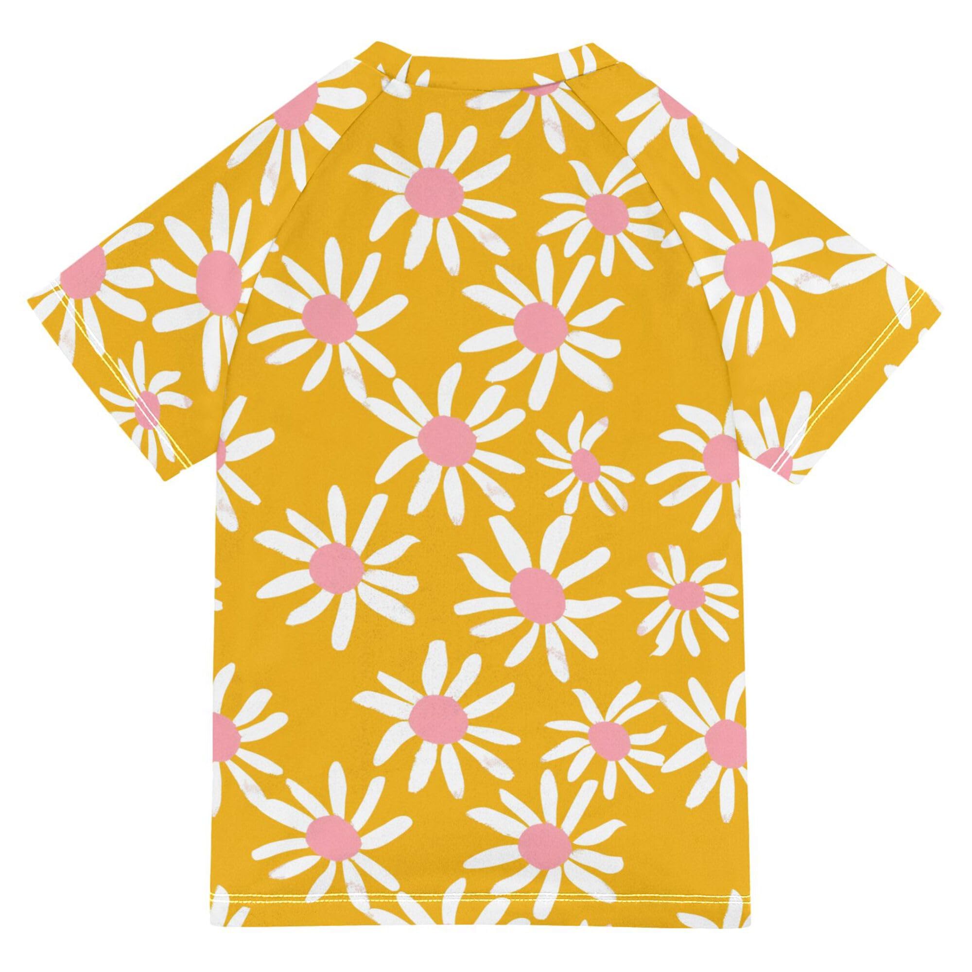 Cartoon White Daisy Yellow Kids Bathing Suit UV Protection Kids Rash Guard Swim Girls Swimwears Football Shirt for Little Boy 7-8Y