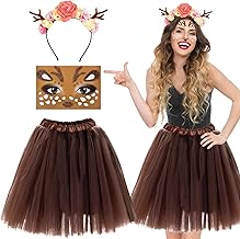 Deer Antler Costume for Women, Deer Antlers Headband with Flowers, Tulle Tutu Skirt, Reindeer Face Tattoos Deer Costume Accessories for Mardi Gras Cosplay Mottoparty
