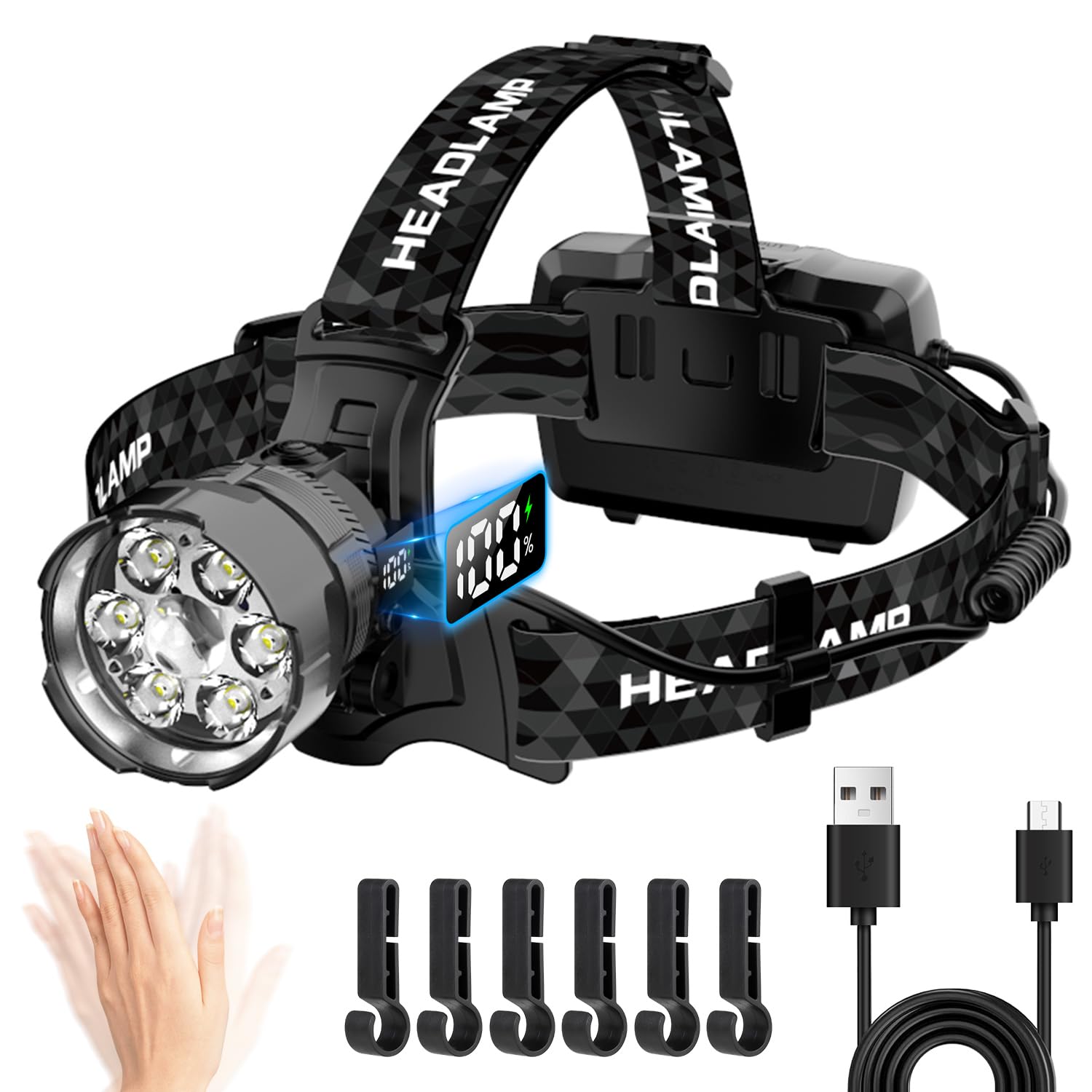 VOPHICHO Torcia Frontale LED Ricaricabile 90000 Lumen Lampada Frontale con Sensore & 7 Modalità, 9000mAh USB Lampada da Testa Regolabile Luce Frontale IPX7 Impermeabile per Campeggio Pesca