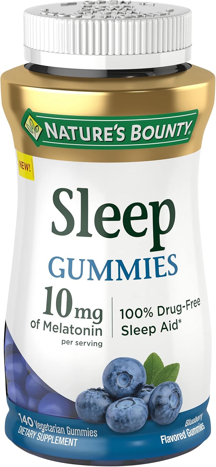 Nature’s Bounty 10 mg Melatonin Gummy, 100% Drug Free Sleep Supplement, 10 mg, Blueberry, 140 Ct