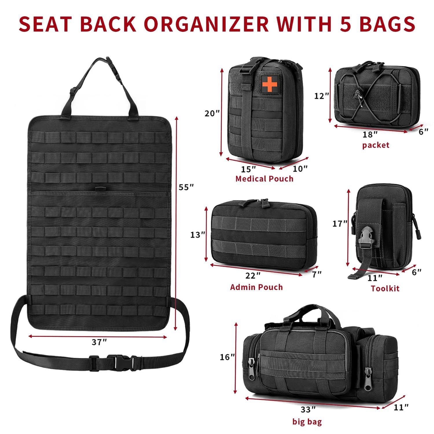 Organizador Táctico Asiento Coche para Citroen Ds7 DS 7 Crossback 2018 2020 2021 2022 2023 2024, Respaldo Sistema MOLLE con Bolsillos Desmontables Bolsa Militar Vehículo