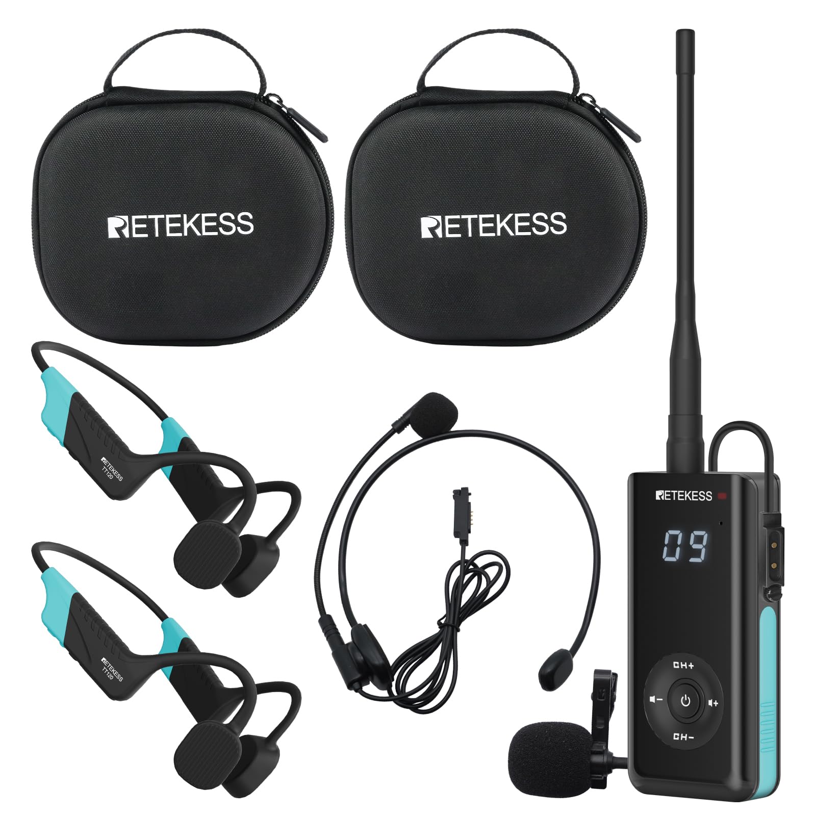 Retekess TT120 Comunicador Submarino,Auriculares de Natación de Conducción Ósea,IP68 Resistente Agua,Sistema de Comunicaciones para Entrenamiento Club de Natación,Coaching (1 Transmisor 2 Receptores)