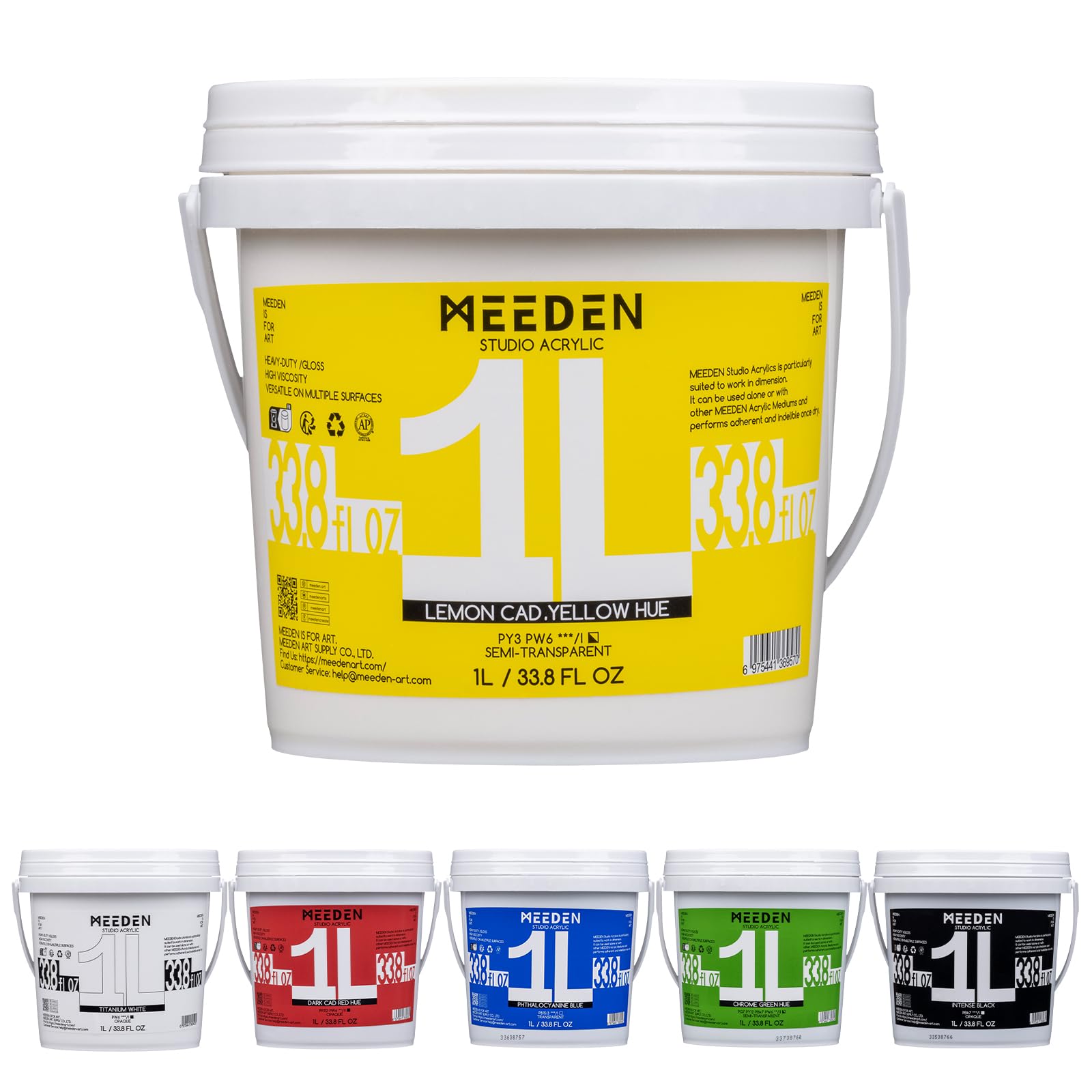 MEEDEN Farba akrylowa Studio Heavy Body: 6 sztuk duża 1 L nietoksyczna bogate pigmenty - dla artystów, błyszczące farby akrylowe, płótna, drewna, skóry, malarstwa rzemieślniczego w kamieniu