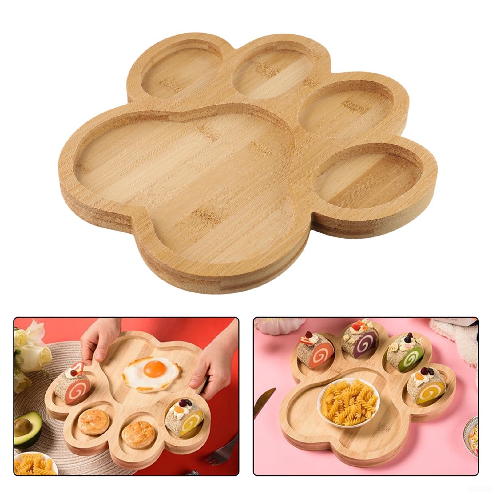QOXEZY Vassoio da portata in legno naturale a forma di zampa di cane, con 5 scomparti, per organizzare snack, formaggio, frutta, dessert (4)