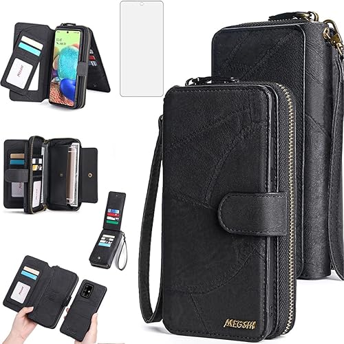 Asuwish Funda de teléfono para Samsung Galaxy A71 4G con cremallera, funda desmontable con protector de pantalla y soporte de tarjeta de espejo