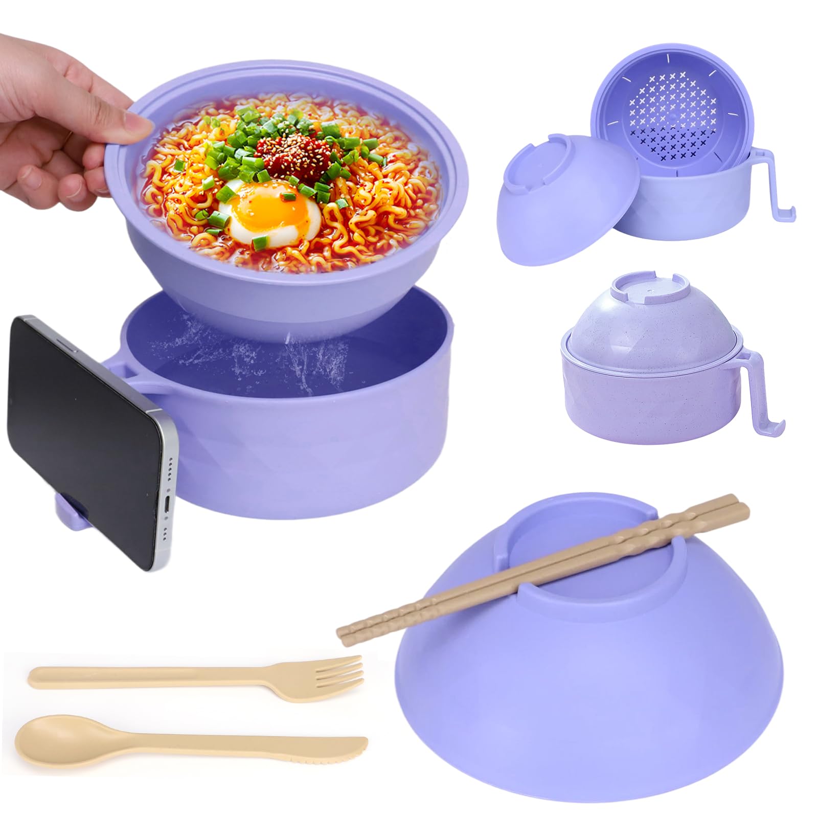 EOAMGO Ramen Bowl Set including Lid, Chopsticks and Fork, 1200ml Large Portable Soup Container, Microwave Safe