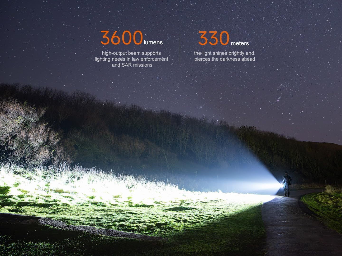 Fenix TK17 flashlight illuminating a wide area at night, demonstrating its 330-meter beam distance.