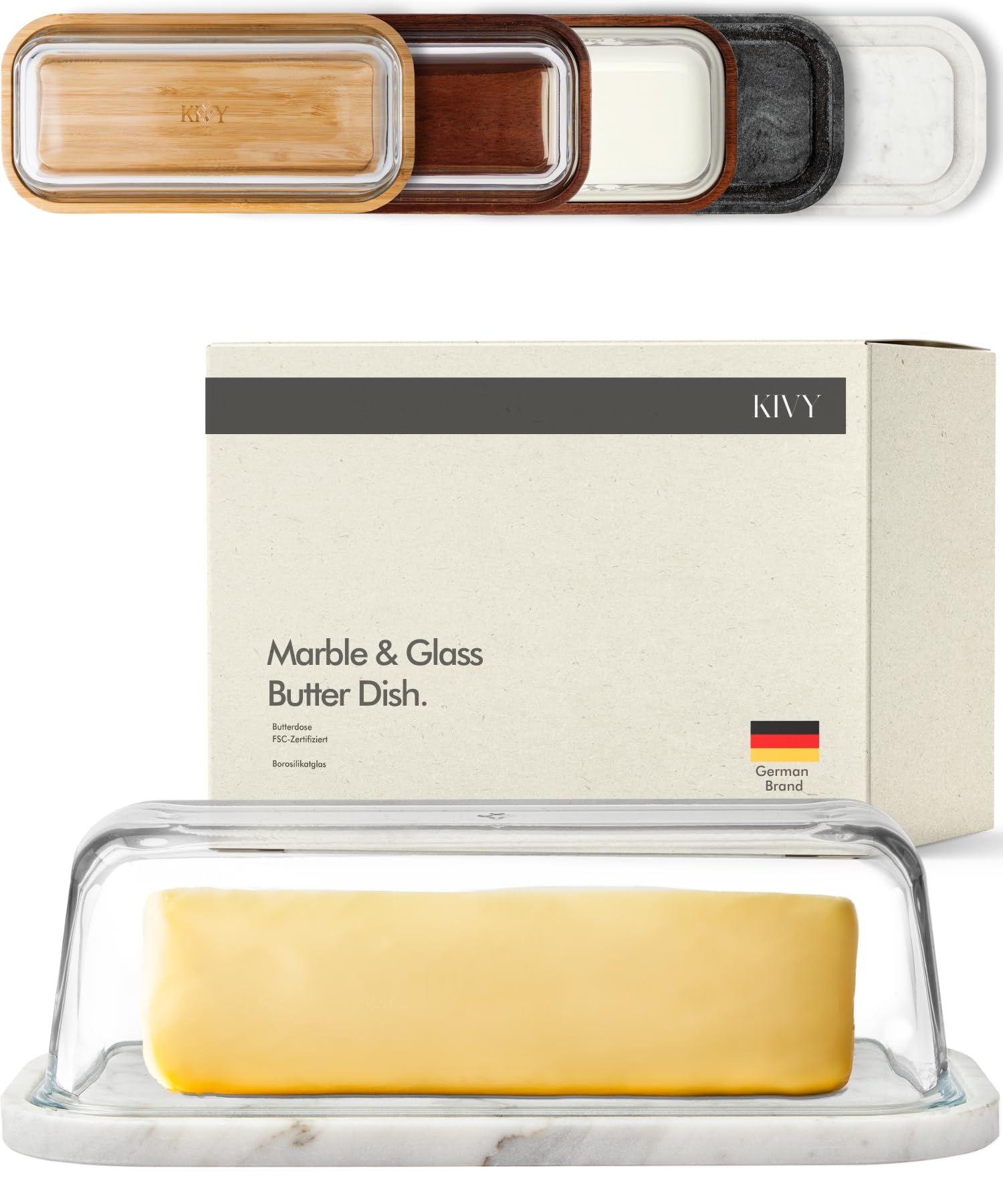 KIVY Butter Dish (White Marble & Glass) - For countertop and refrigerator door shelf - Marble butter keeper - Stone butter dish with lid - Dishwasher Safe