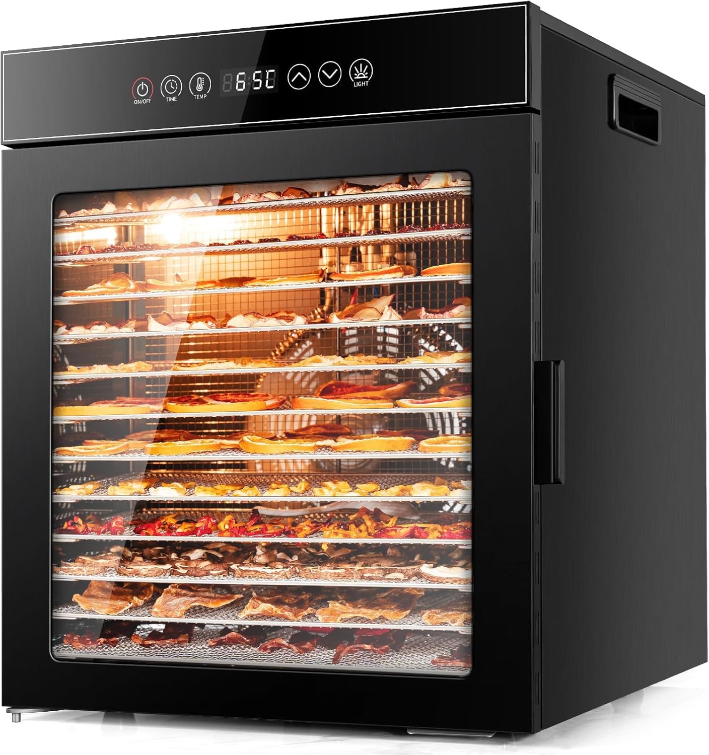 Kwasyo Suszarka ze stali nierdzewnej, 12 poziomów, całkowicie czarna, regulacja temperatury 30-90°C, timer 24-godzinny, zeszyt z przepisami na mięso, owoce, warzywa, zioła, 900 W, LT-09
