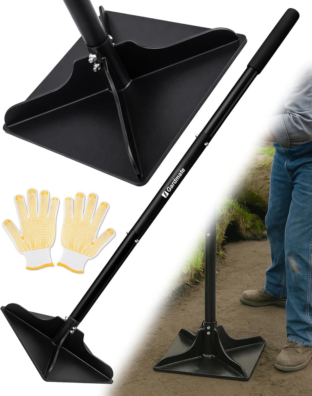Steel Tamper Tool, 8''x8'' Heavy Duty Hand Tamper for Soil Compaction, 48" Adjustable Handle with Non-Slip Grip, Ground Dirt Tamper for Landscaping, Patio, Asphalt Repair with Gloves
