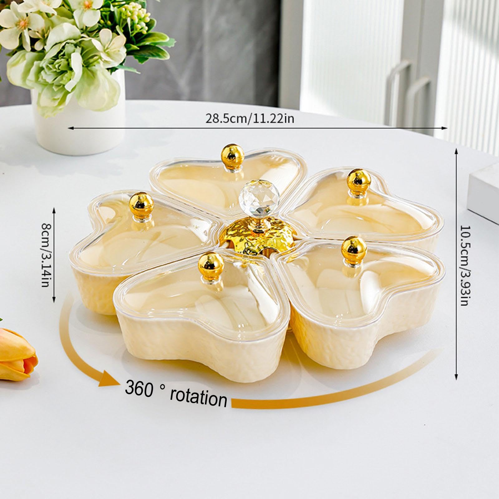 Plato de Servir Dividido, Plato Giratorio para Aperitivos, Bol para Servir Aperitivos, Bandeja para Aperitivos con 5 Compartimentos para Dulces, Choco, con Tapa Transparente, Individual