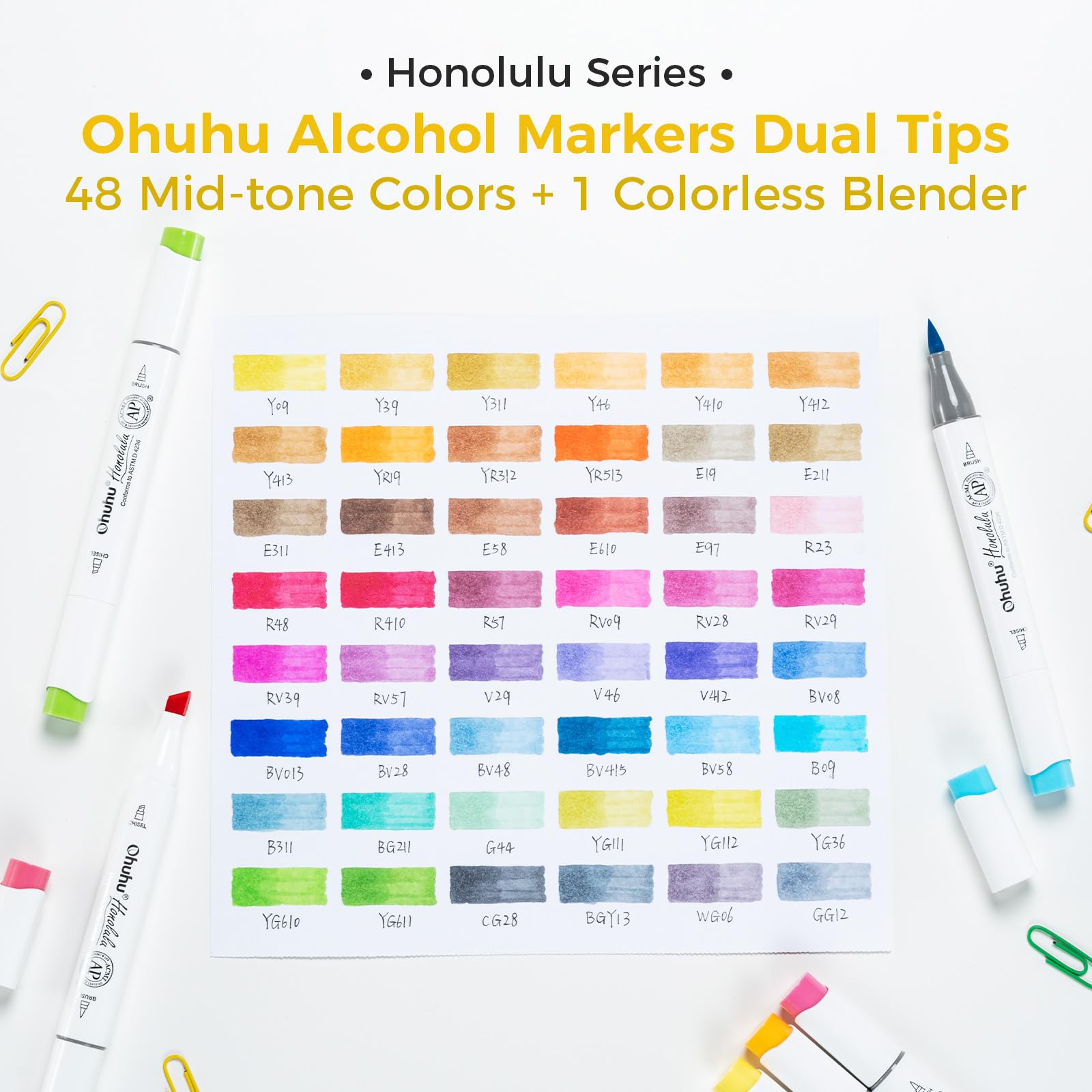 Ohuhu Rotuladores Alcohol 48 Pincel & Cincel con Estuche & Mezclador | Doble Punta Mezcla Fácil & Sin Manchas Secado Rápido para Ilustración Caligrafía & Bocetos AP Certificado - Honolulu