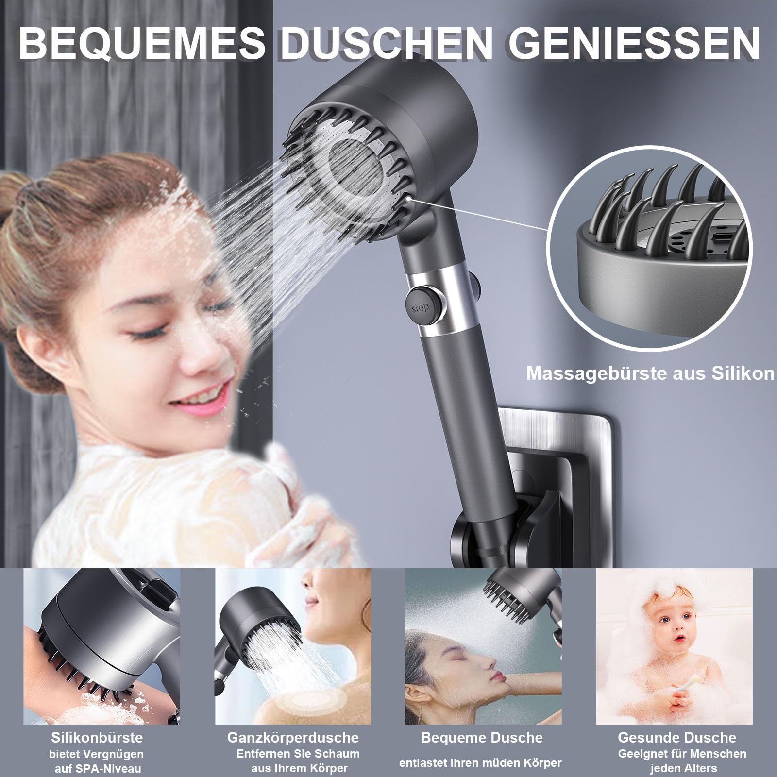 Duschkopf Mit Filter & 20-facher Filterung - 3 Strahlarten, 1,5 M Schlauch, Stanzfreie Halterung