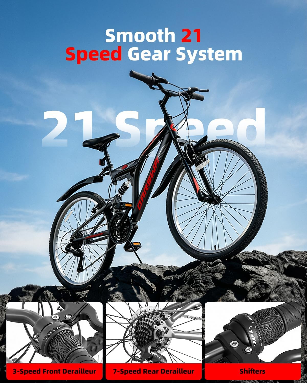 24 Inch Mountain Bike for Men & Women, 21-Speed Full Suspension MTB, High-Carbon Steel Frame, Quick Release Front Wheel, Dual Fenders, Easy Assembly, Trail & Commuter Bicycle