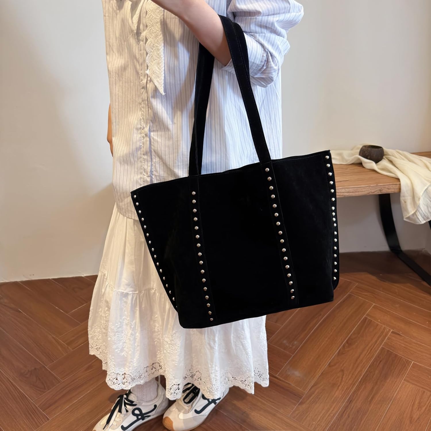 JQAliMOVV Suede Tote Bag for Women Trendy Suede Purse Large Capacity Studded Shoulder Handbag - Image 3