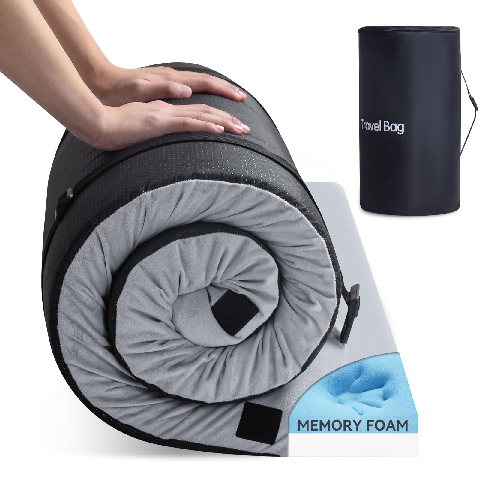 Memory Foam Camping Mattress,Portable Roll Up Sleeping Pad with Removable Waterproof Cover Travel Bag,Sleeping Mats for Car Indoor Outdoor Travel,CertiPUR-US Certified, Made in USA,Single 75