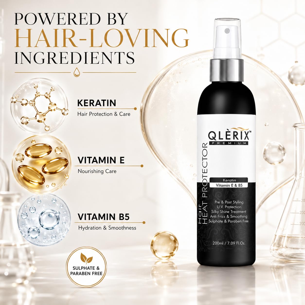 QLERIX Premium Hair Heat Protection Spray - 200ml | Heat Protectant for Women & Men | Straightening, Smoothening, Hair Styling | Frizz Control | Paraben & Sulfate-Free 3