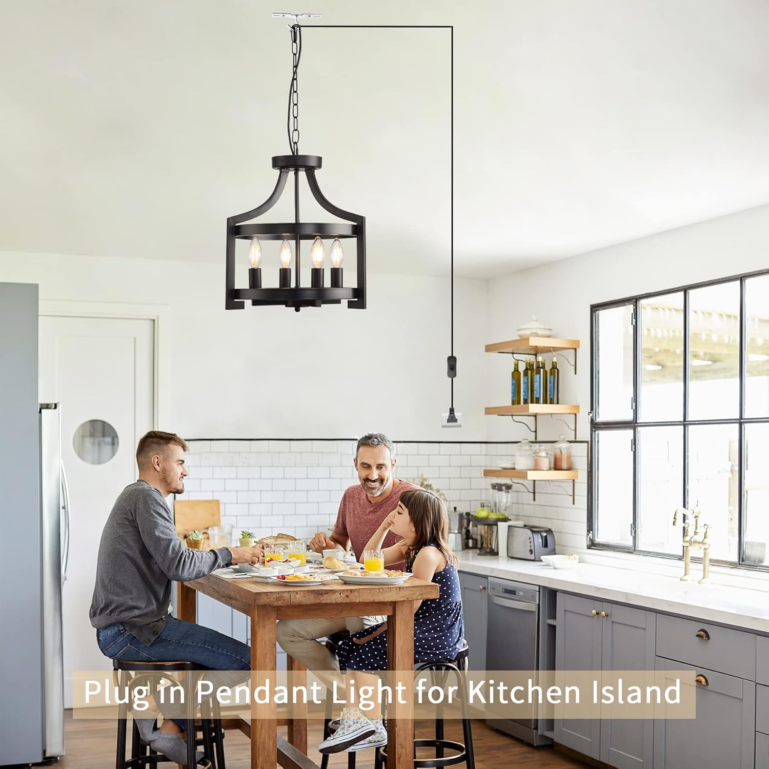 Plug in Chandelier Black Farmhouse Pendant Light Fixture, Adjustable Flush Mount Ceiling Light with 19.6 ft Hanging Cord for Kitchen Island, Dining Room, Living Room, Bedroom, Foyer, Entry