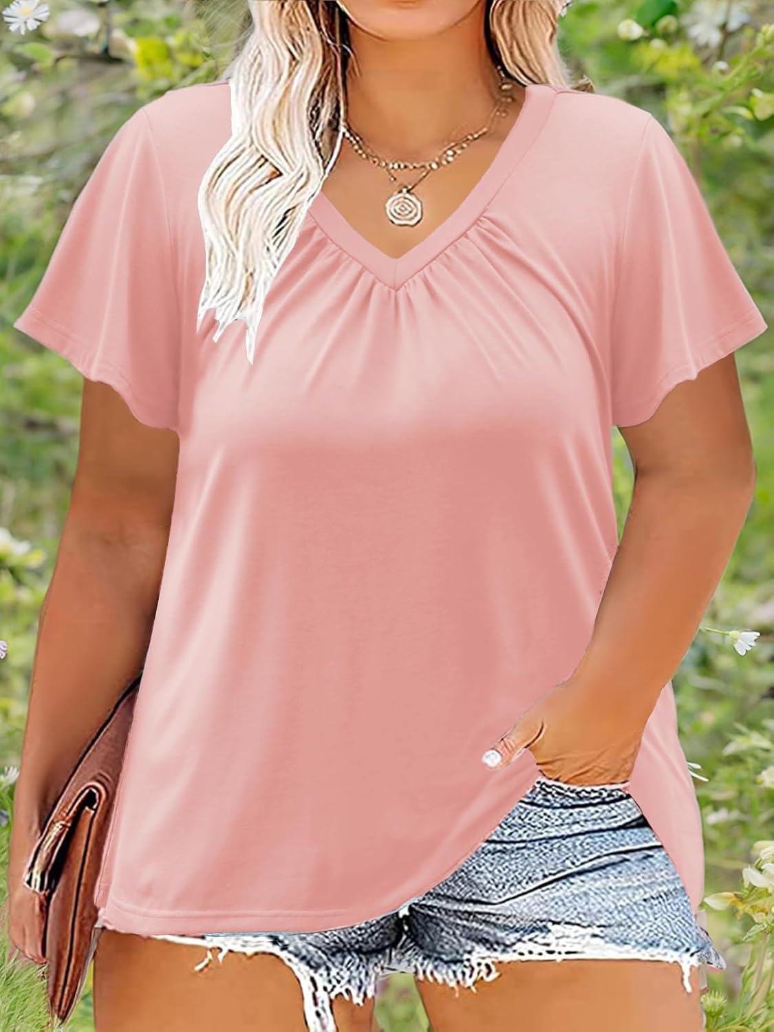 ROSRISS Womens-Plus-Size-Tops Summer Ruffle Short Sleeve Shirts Shirred V Neck Tunics - Image 5