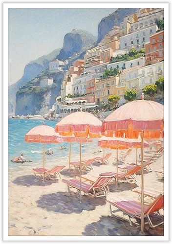 Arte de pared retro de la costa de Amalfi de moda de playa rosa, póster vintage de Italia, paisaje de verano, impresión en lienzo, imagen estética