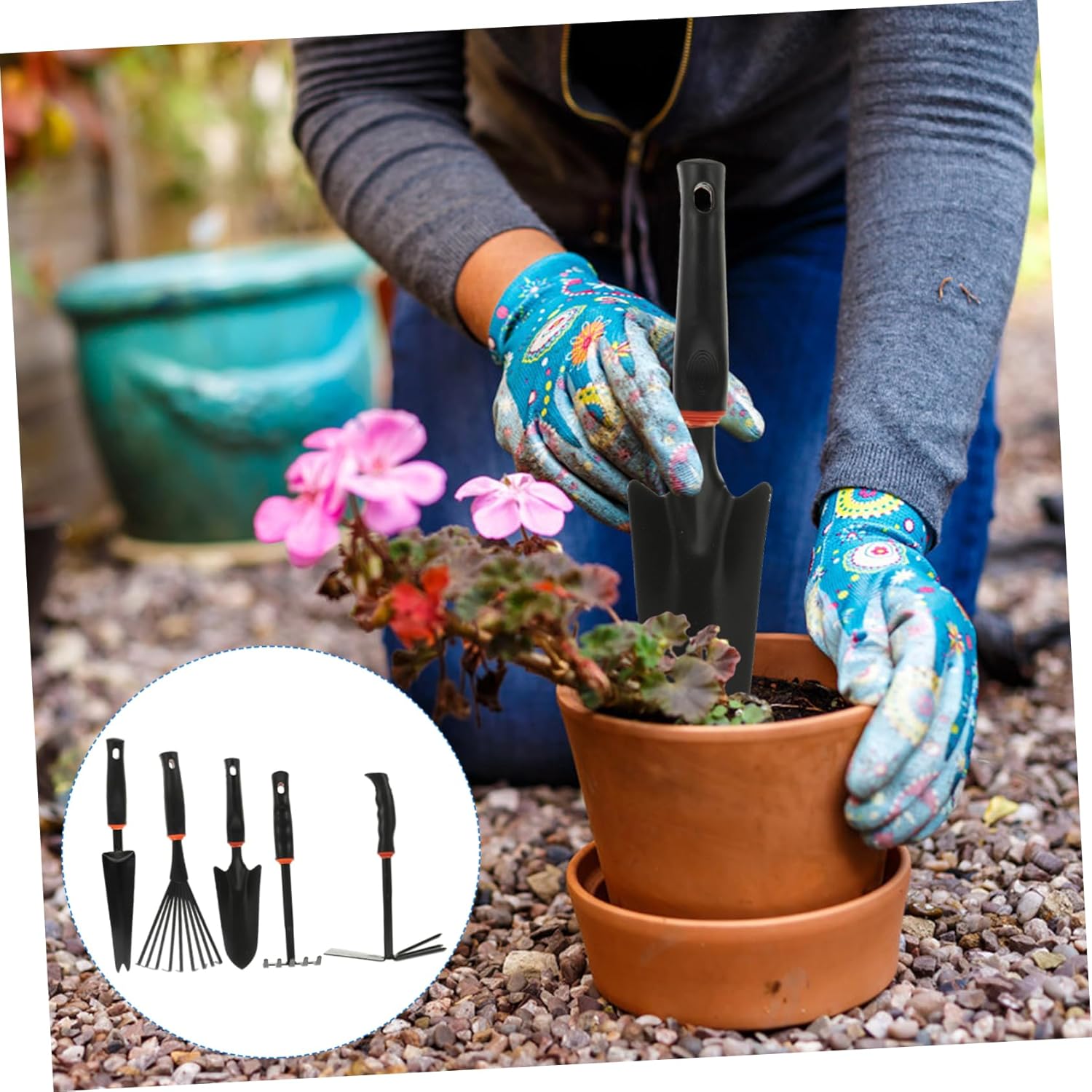 MERRYHAPY 5pcs Multi-Purpose Garden Tool Set Durable Iron Transplanting Shovel Narrow Spade Dual-use Hoe Soil Loosener Rake Gardening Enthusiasts