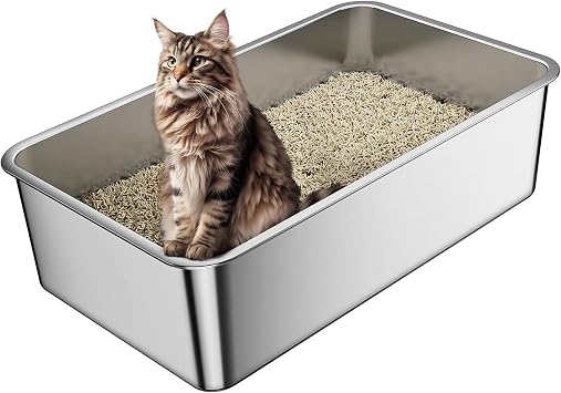 Barhon Katzenklo Edelstahl XXL 60 x 40 x 15 cm, Katzentoilette Edelstahl groß für Großkatzen mit hoher Seite, Katzenklo Metall Nicht klebend, leicht zu reinigen