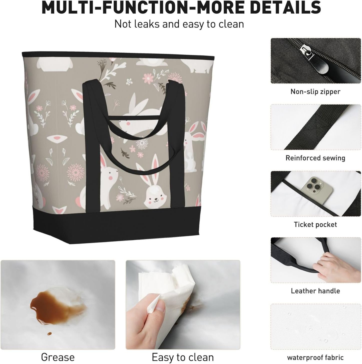 Easter Bunny Floral Print Large Cooler Bag Tote Bag,Reusable Grocery Bag,Lunch Box Bag, For Picnic Beach Camping