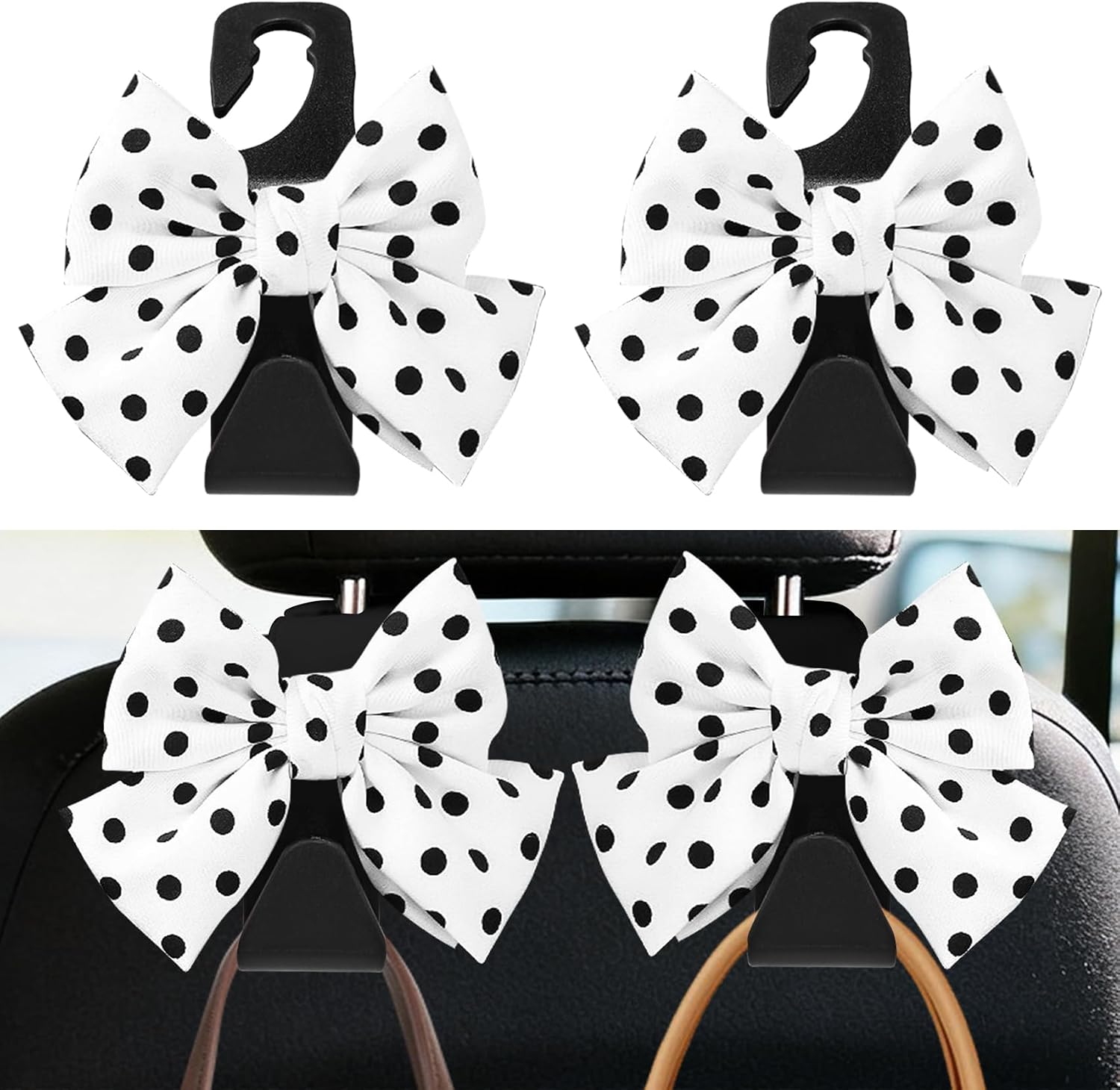 2PCS Car Seat Headrest Hooks, Car Bag Hooks, Cute Bow Knot Vehicle Seatback Hanging Storage Organizer, Auto Accessories Automotive Interior Purse Hanger for SUV, Sedan, Truck (White/Polka Dot)