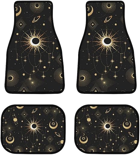 Gold Astrology Mystical Elements 4-Piece Black All-Season Floor Mats, Universal Trim-to-Fit Custom Auto Mats,Anti-Slip Design
