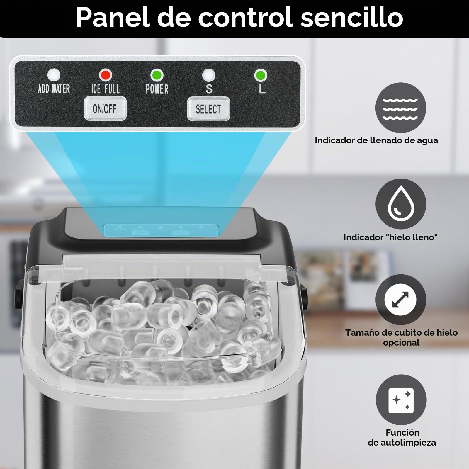 Maquina de Hielo, 9PCS Cubitos de Hielo en 6 Min, 12kg/24h, 2 Tamaños de Cubitos, Maquina de Hacer Hielo con Asa de Transporte/Pala para Hielo, Maquina Hielo con Autolimpieza para Casa/Cocina/Oficina