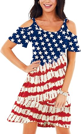Deerose Womens 4th of July Dresses Cold Shoulder American Flag Tie Dye A-Line Dress with Pockets