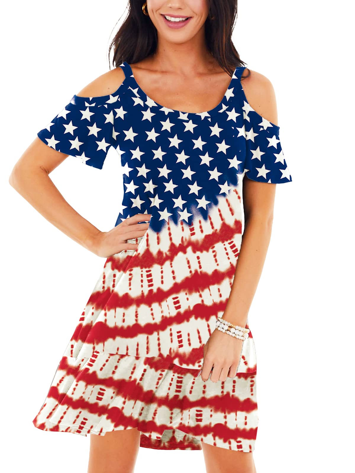 Deerose Womens 4th of July Dresses Cold Shoulder American Flag Tie Dye A-Line Dress with Pockets