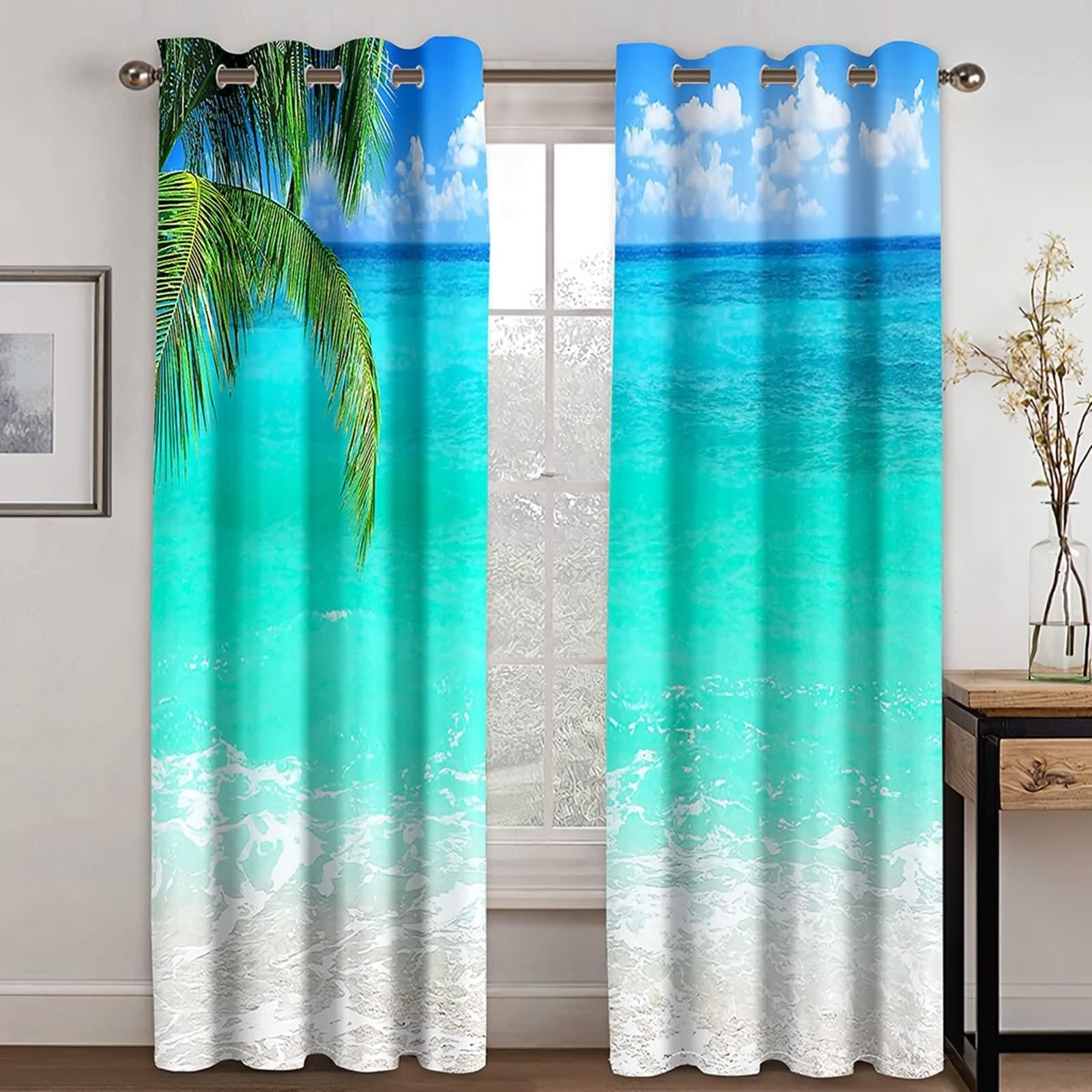 Rideau Occultant, Rideau Anniversaire Bleu Vert Polyester Paysage de Feuilles de Palmier de Mer 102L x 229H CM Lot de 2